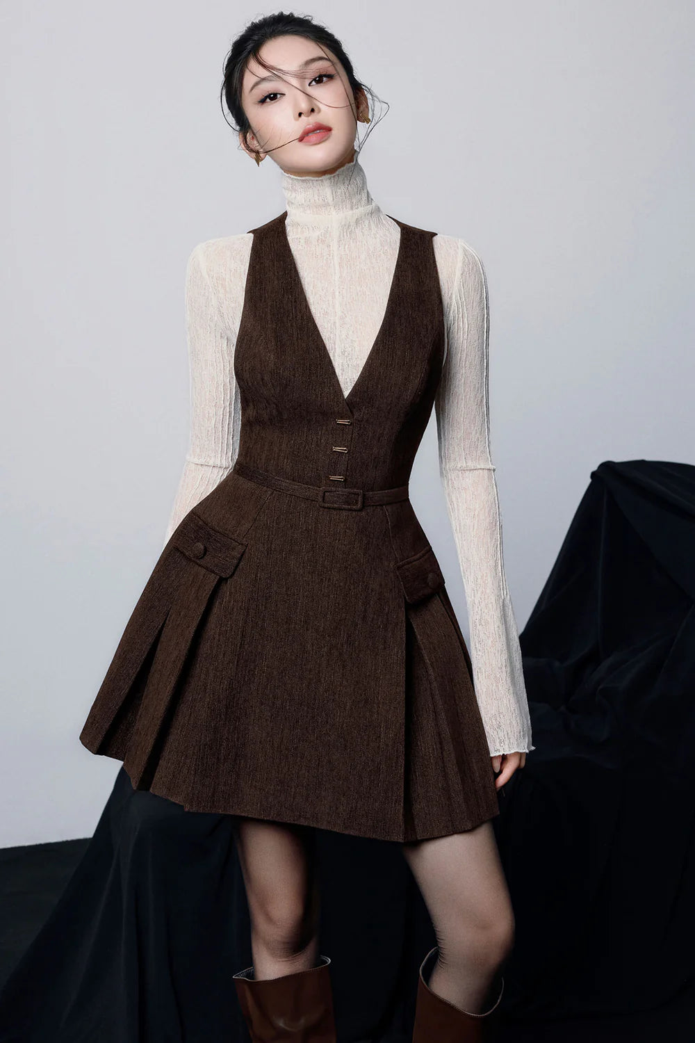 Asteria V-Neck Pleated Mini Dress