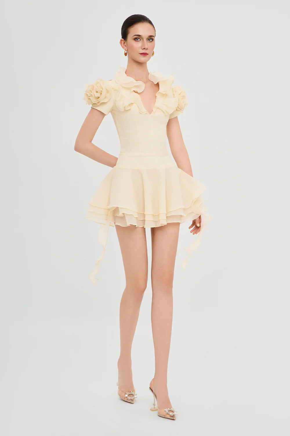 Fleur de Soleil Puff Sleeve Ruffle Mini Dress