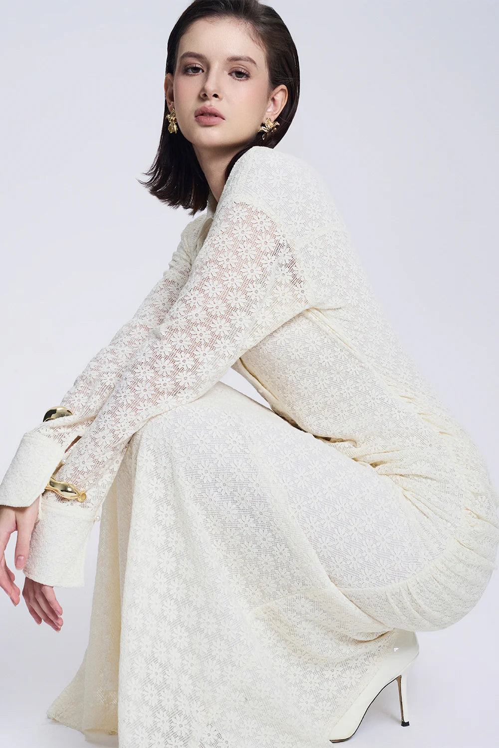 Elise Sheath Gathered Lace Maxi Dress