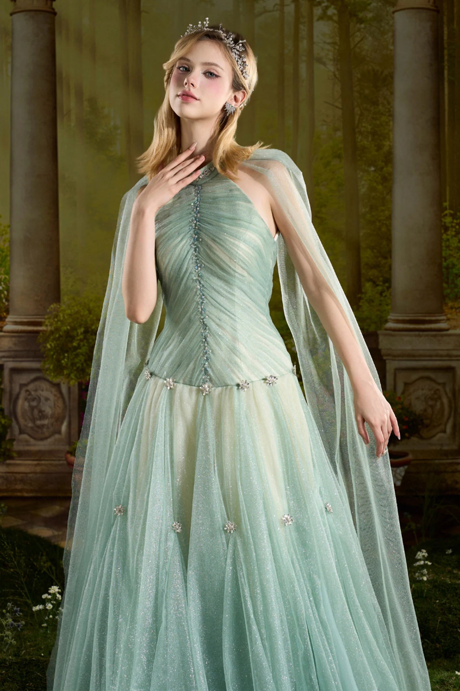 Callista Cape Sleeve Bead Maxi Dress