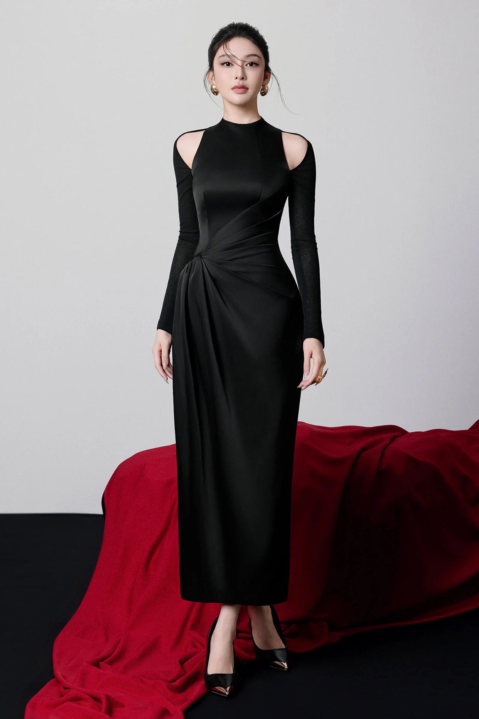 Allure Cold Shoulder Sleeve Draped Midi Dress