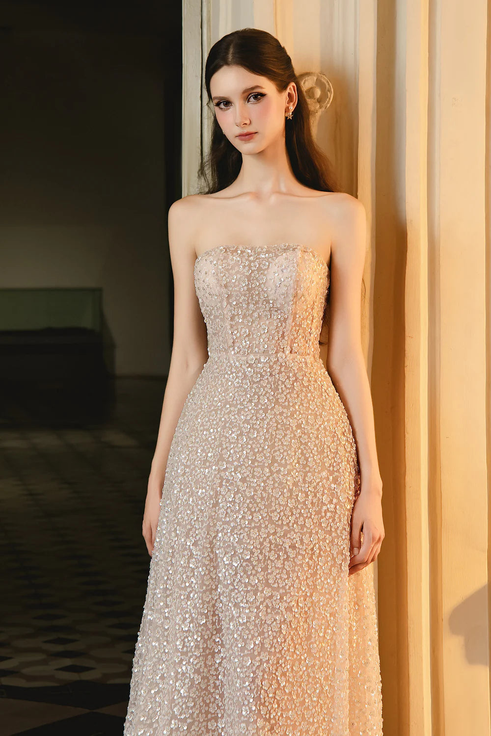 Harding A-line Straight Across Neck Mesh Midi Dress