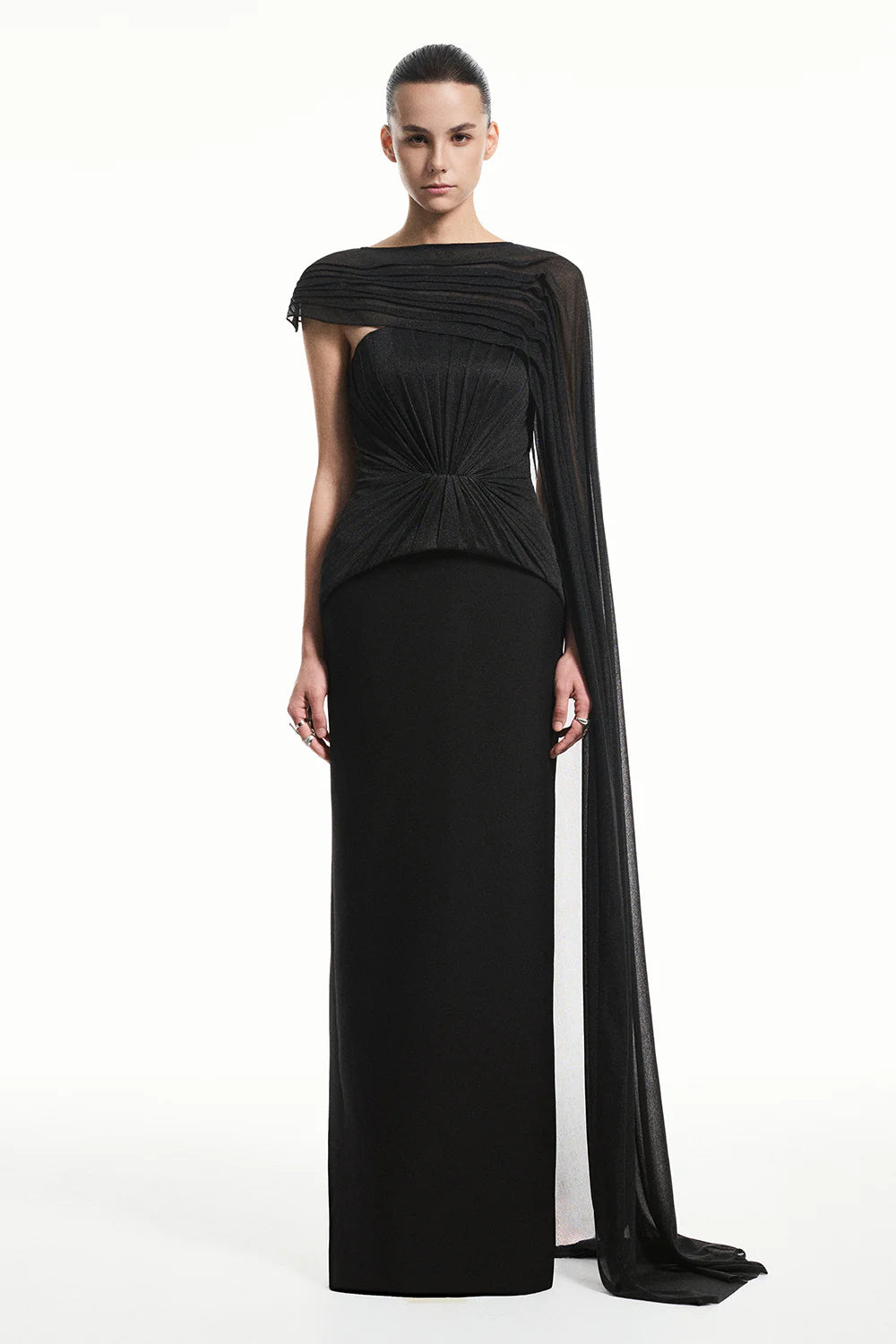Alba Asymmetric Sleeve Draped Maxi Dress