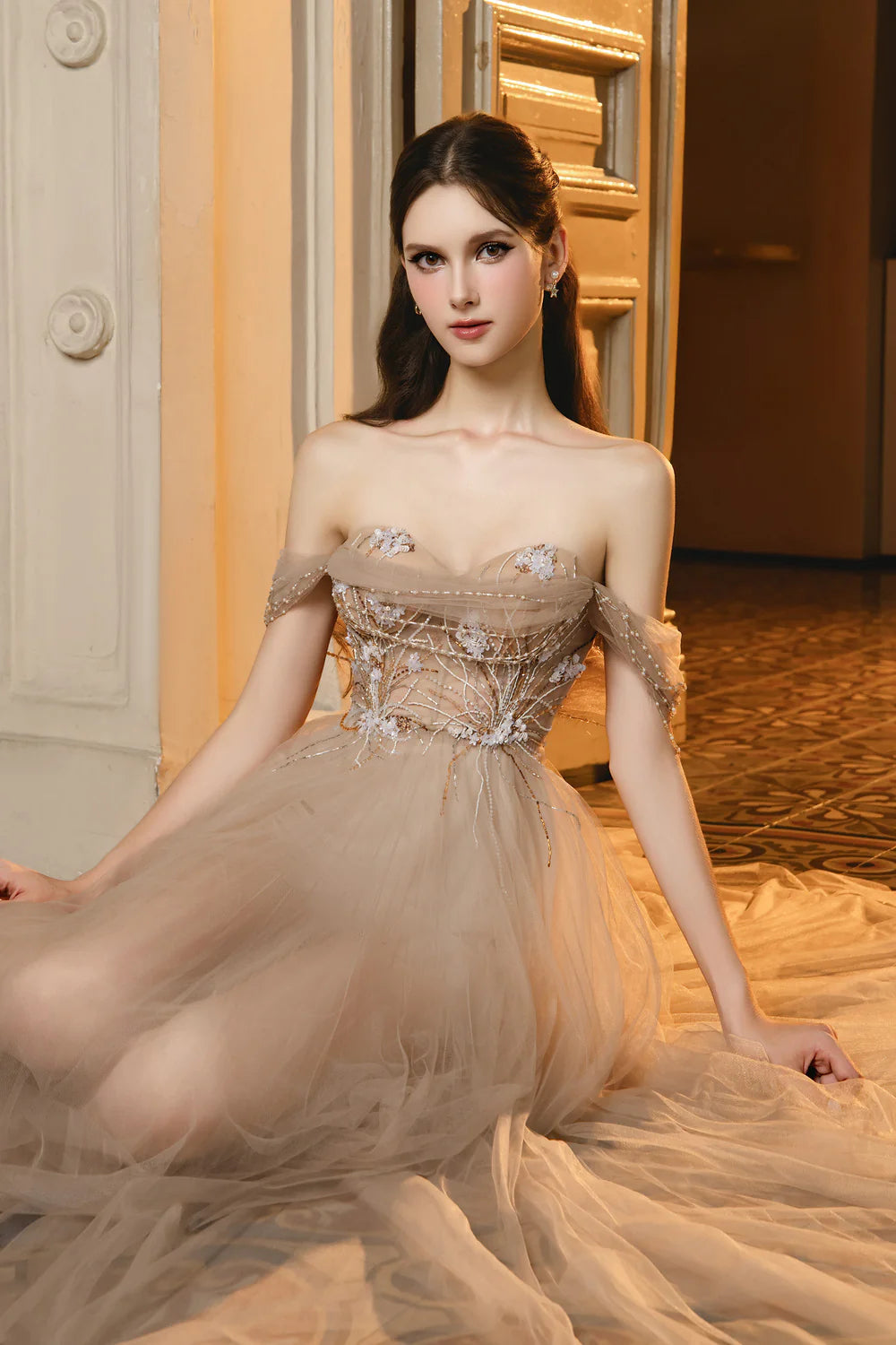 Leon A-line Off-Shoulder Mesh Maxi Dress