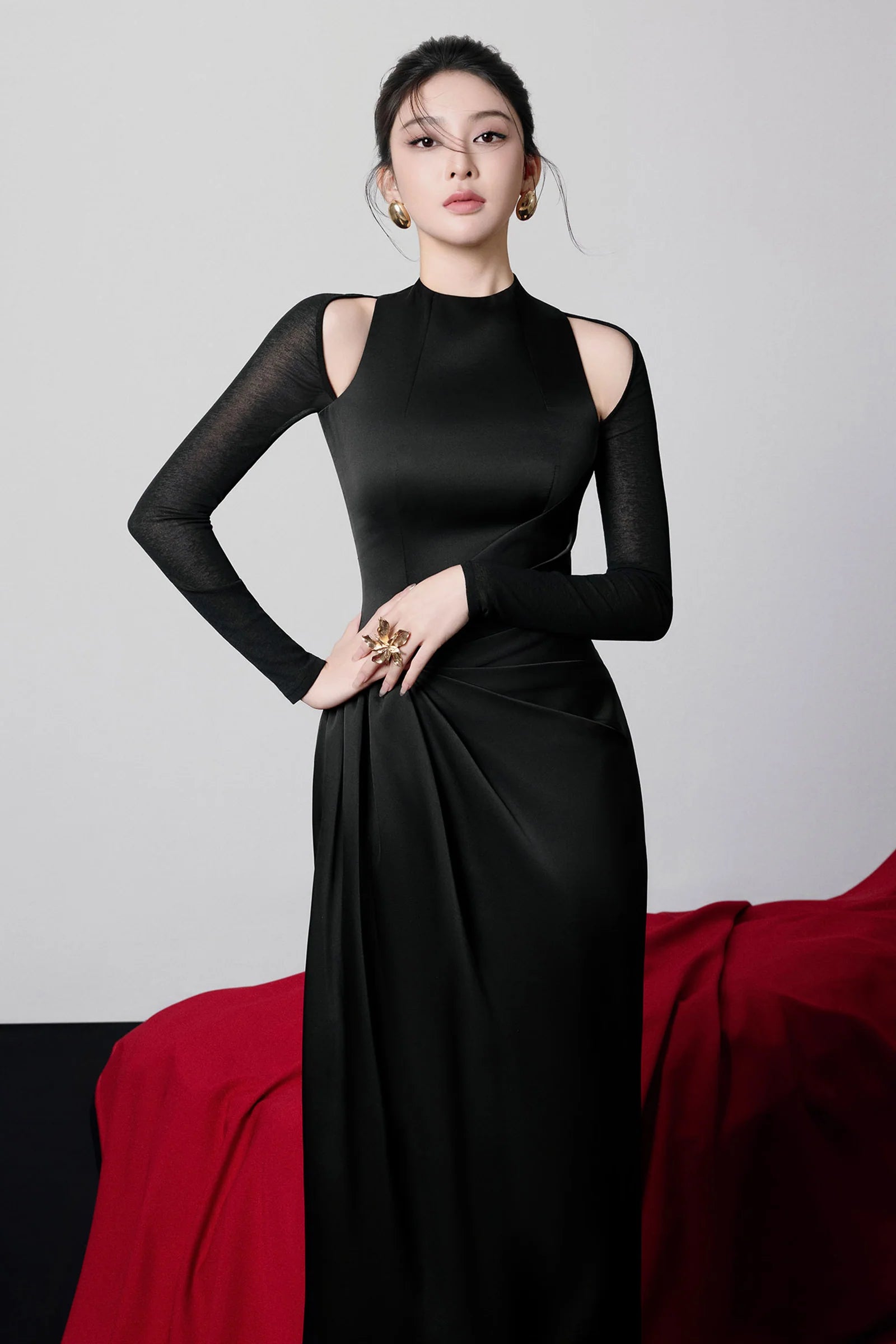 Allure Cold Shoulder Sleeve Draped Midi Dress
