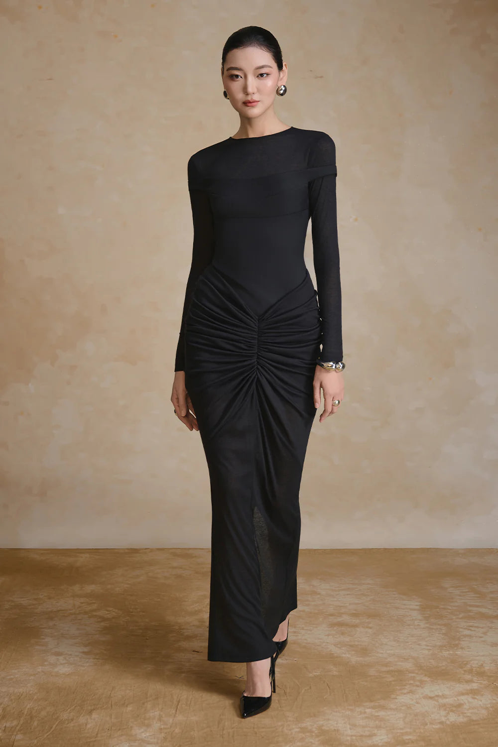 Scoria Boat Neck Gathering Maxi Dress