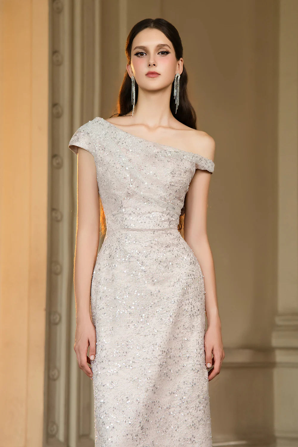 Jonathan Sheath Asymmetric Neck Sequin Maxi Dress