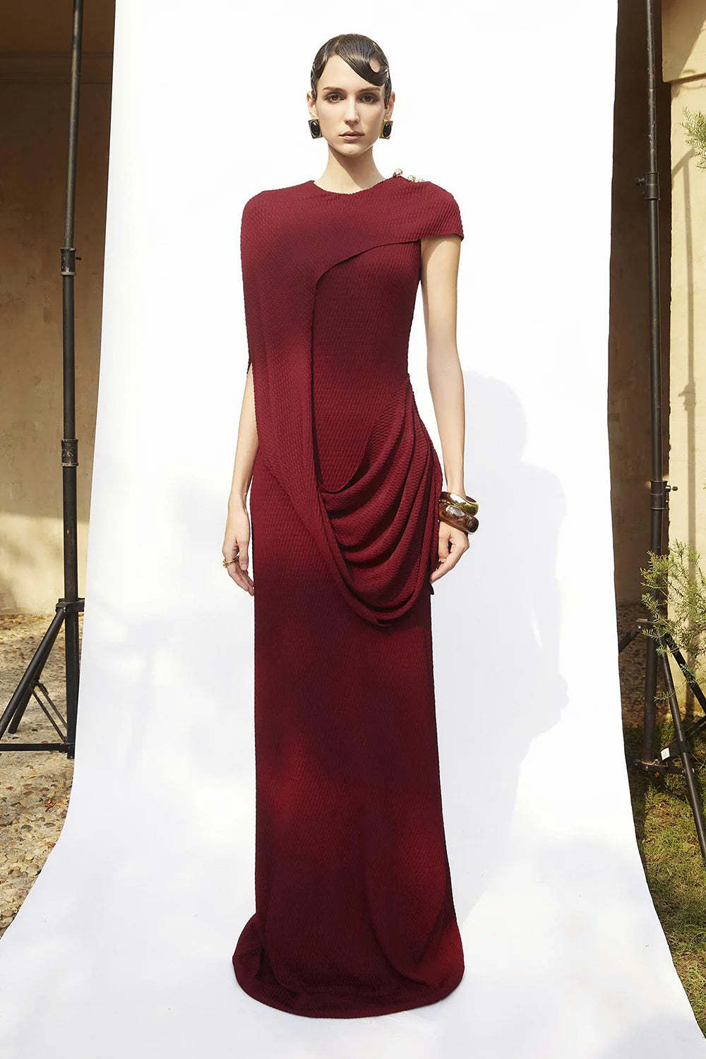 Kensington Asymmetric Sleeve Draped Maxi Dress