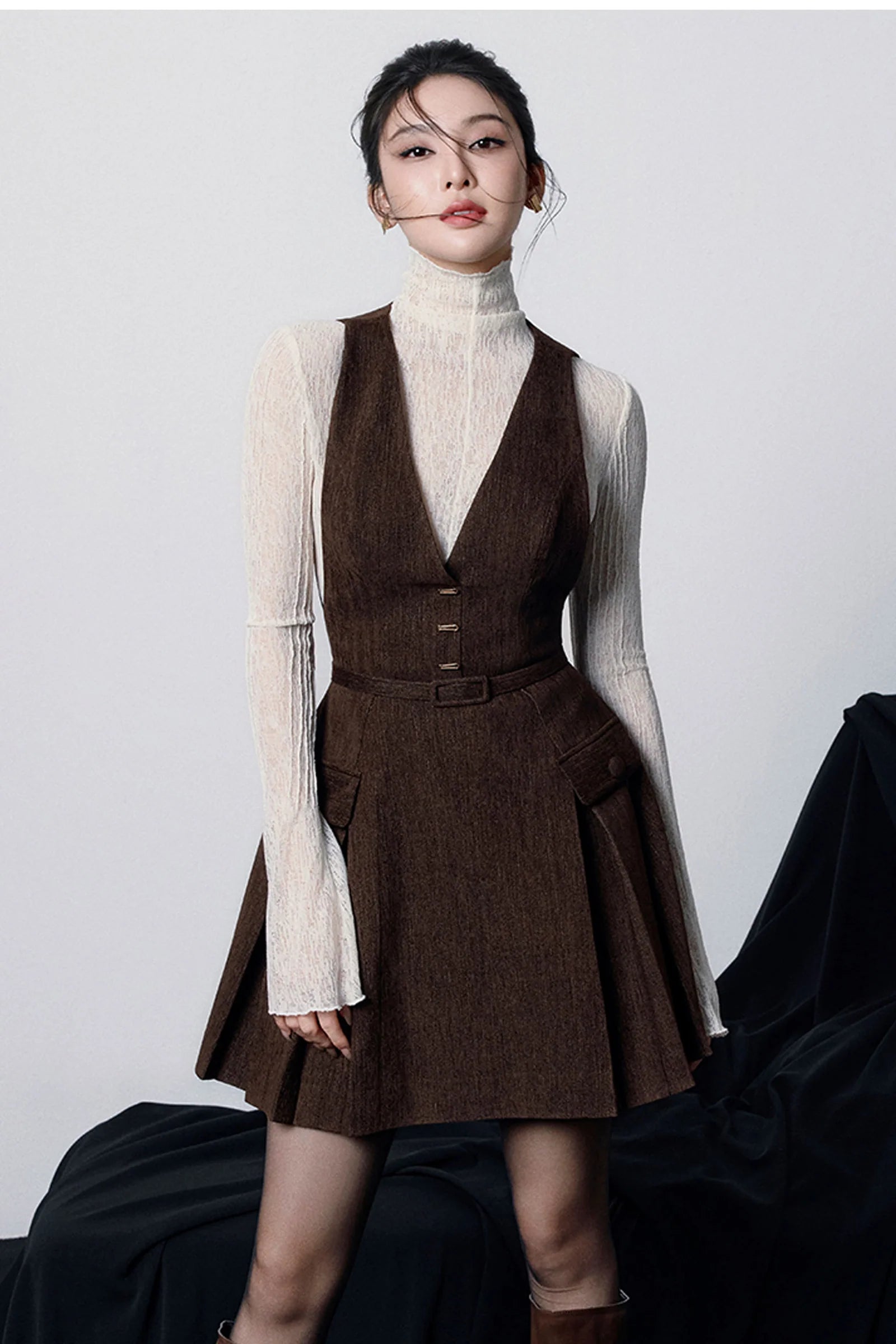 Asteria V-Neck Pleated Mini Dress