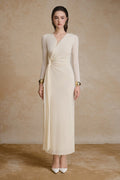 Golden V-Neck Draped Maxi Dress