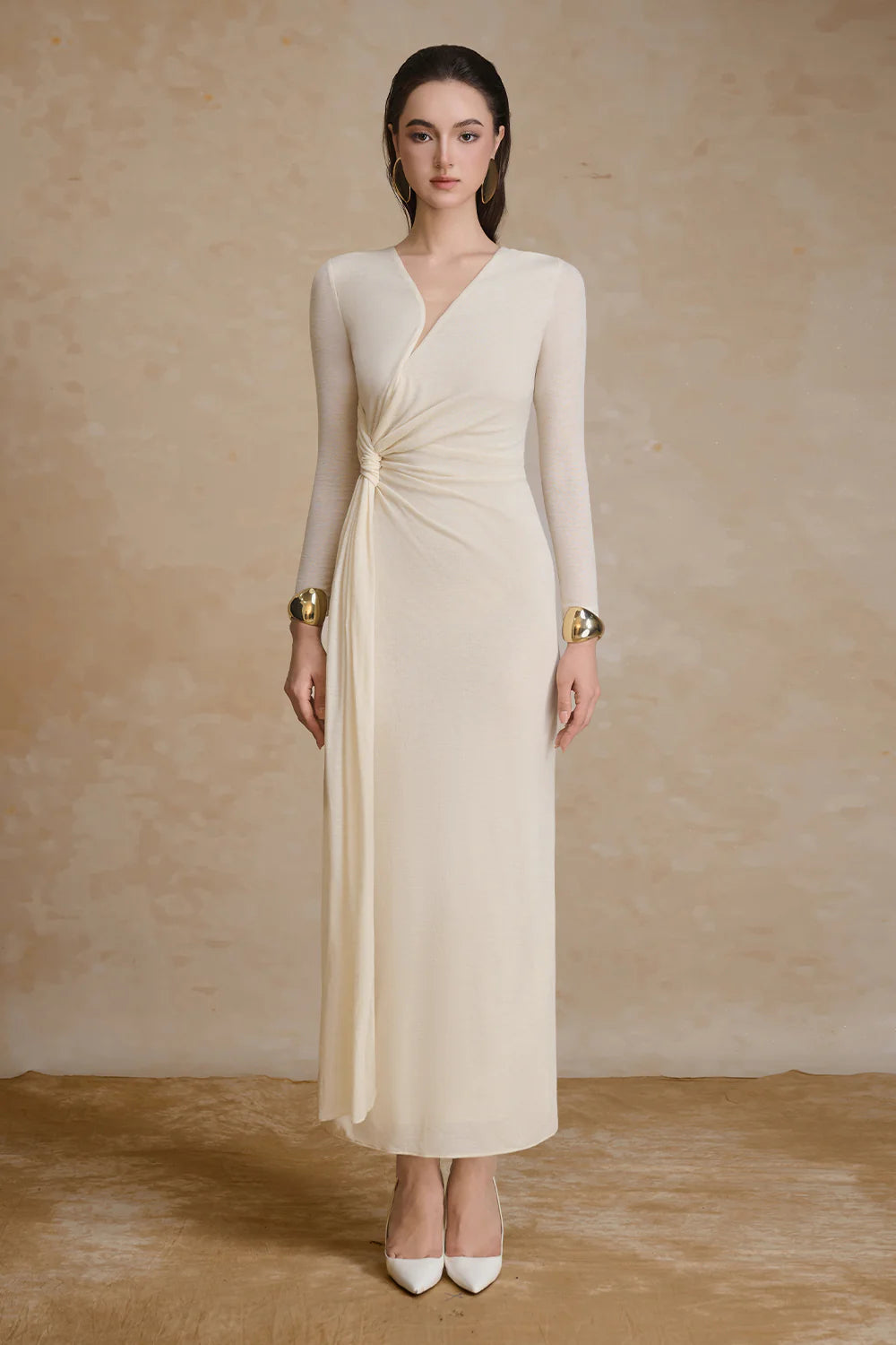 Golden V-Neck Draped Maxi Dress