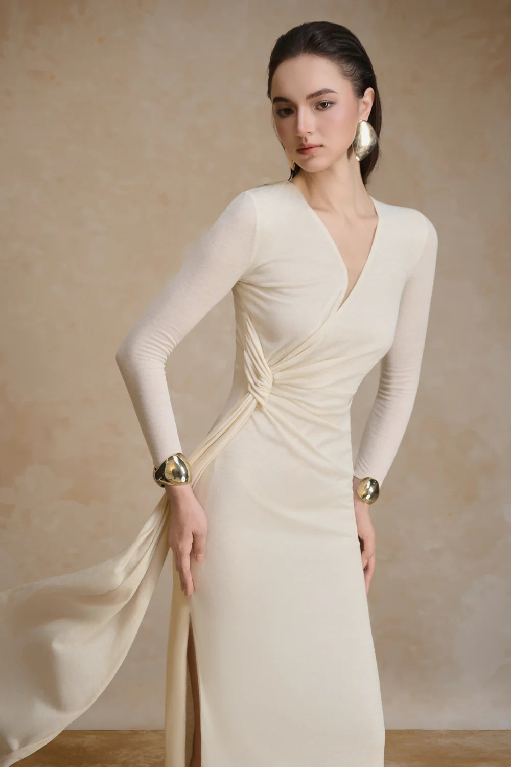 Golden V-Neck Draped Maxi Dress