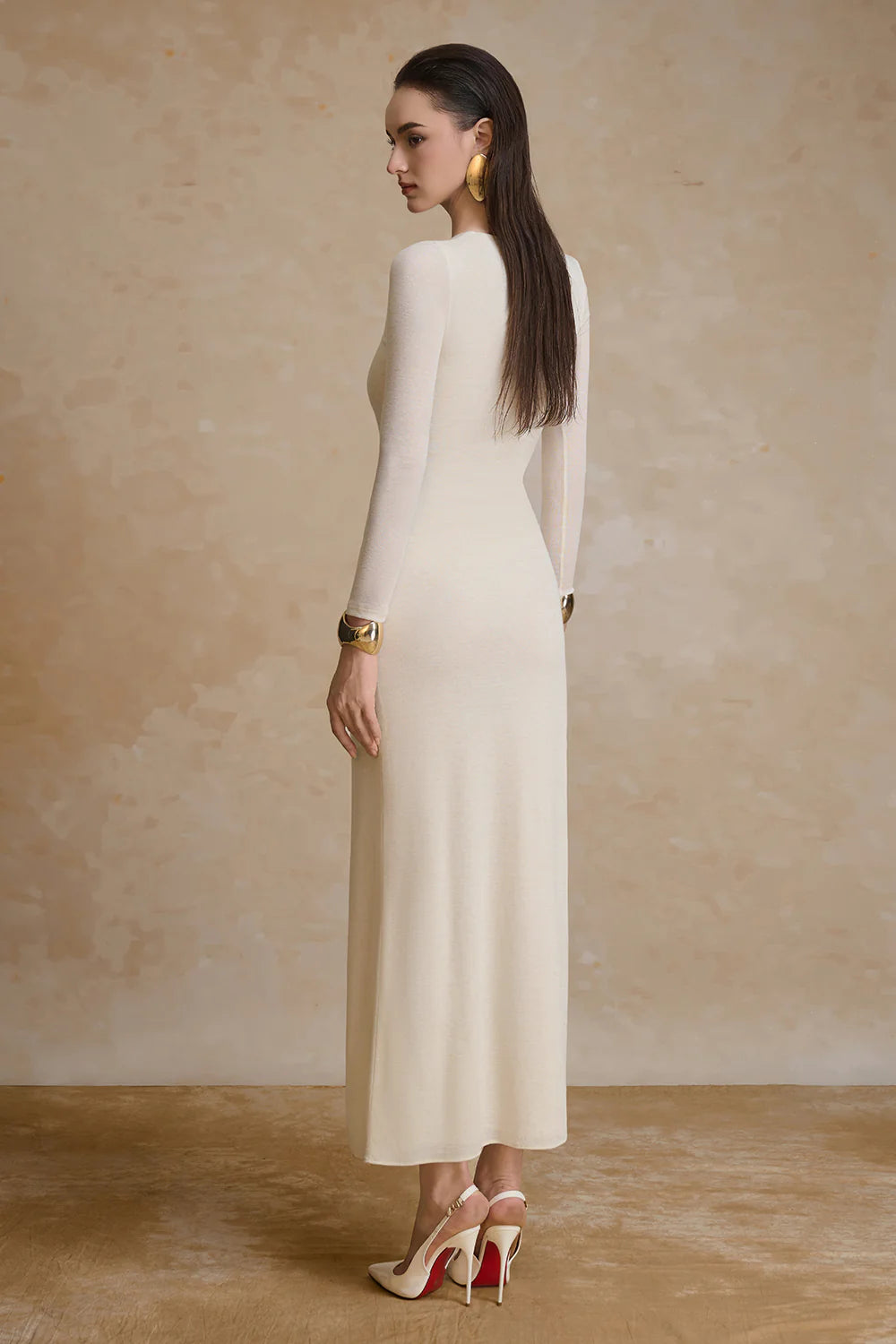 Golden V-Neck Draped Maxi Dress