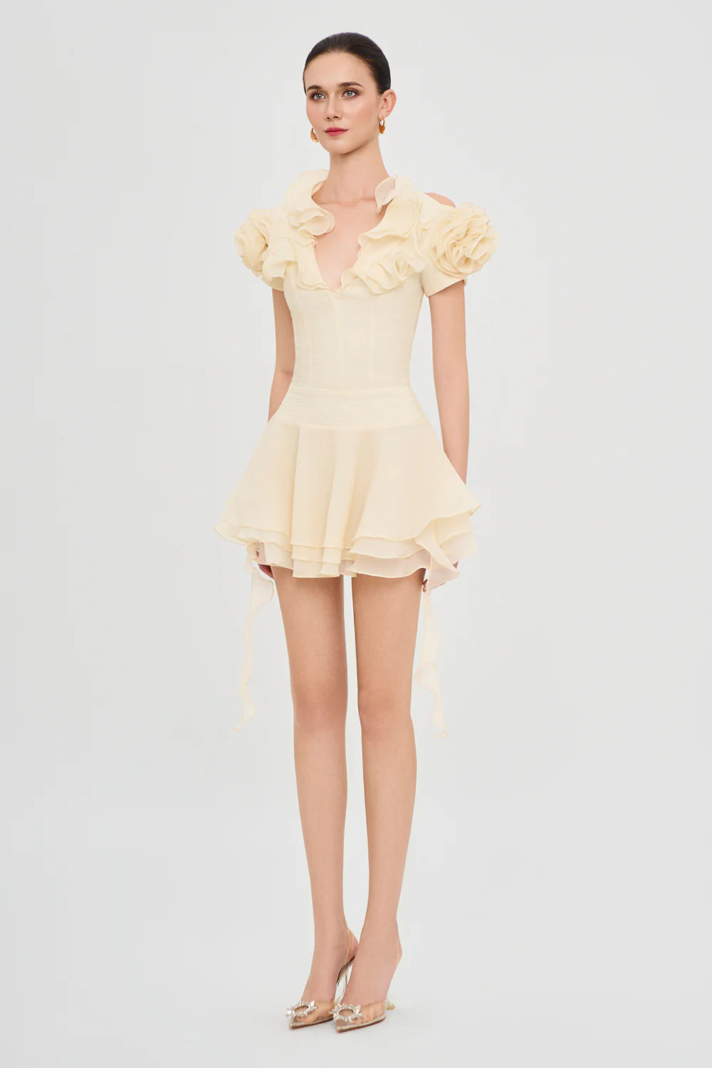 Fleur de Soleil Puff Sleeve Ruffle Mini Dress