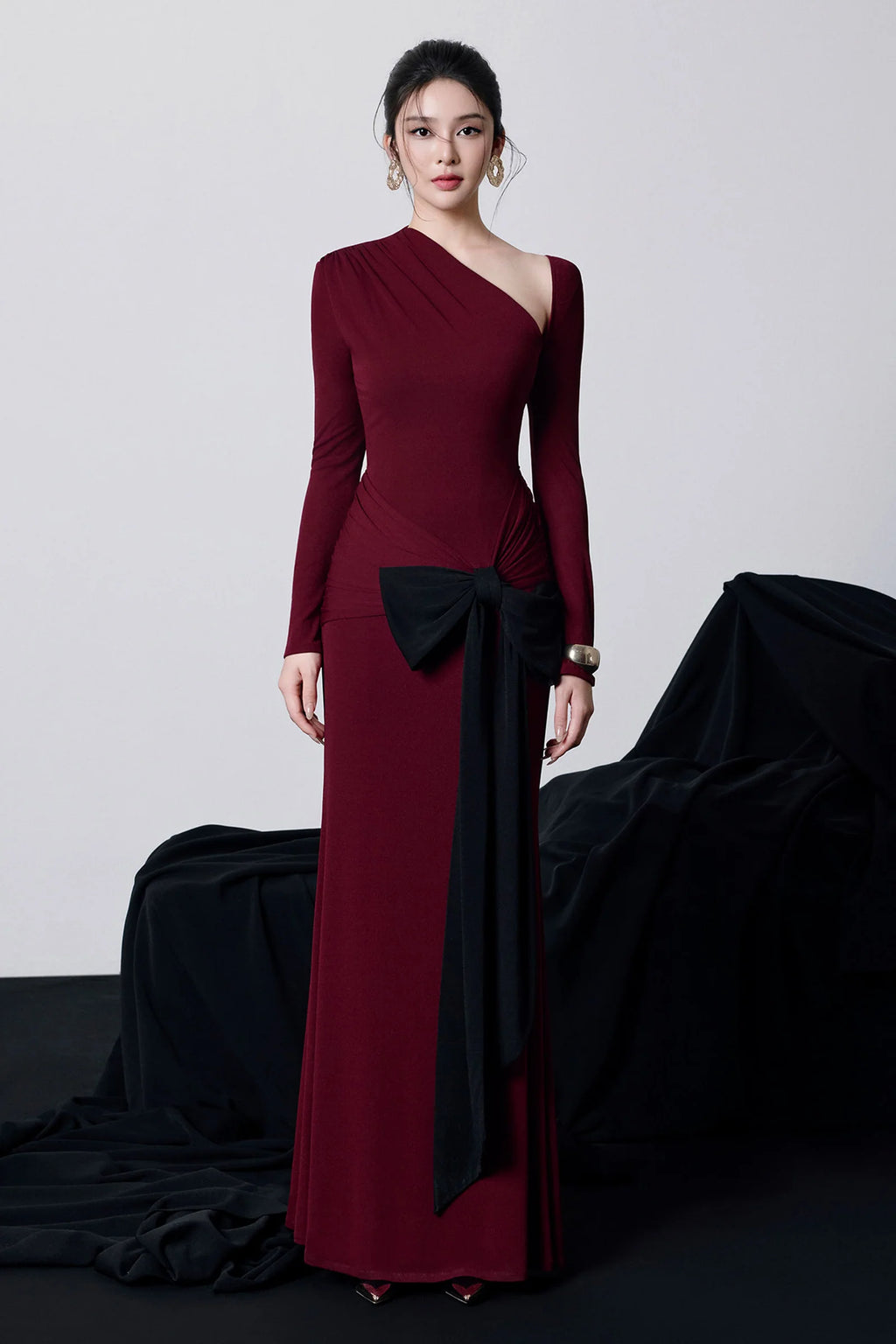 Melanie Asymmeytric Neck Ribbon Maxi Dress