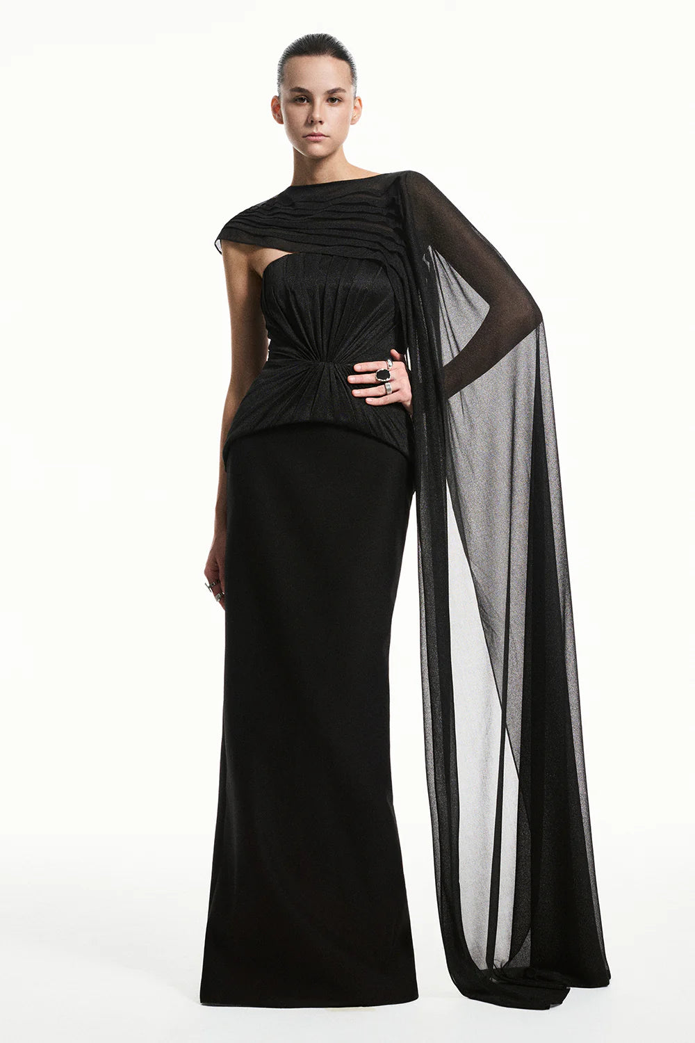 Alba Asymmetric Sleeve Draped Maxi Dress