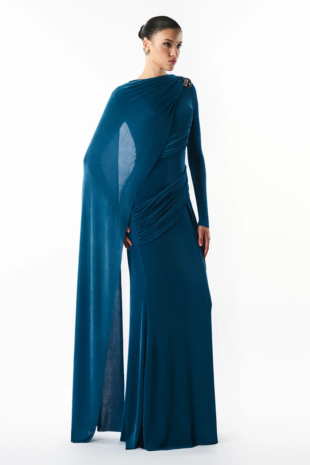 Cindra Asymmetric Sleeve Gathering Maxi Dress
