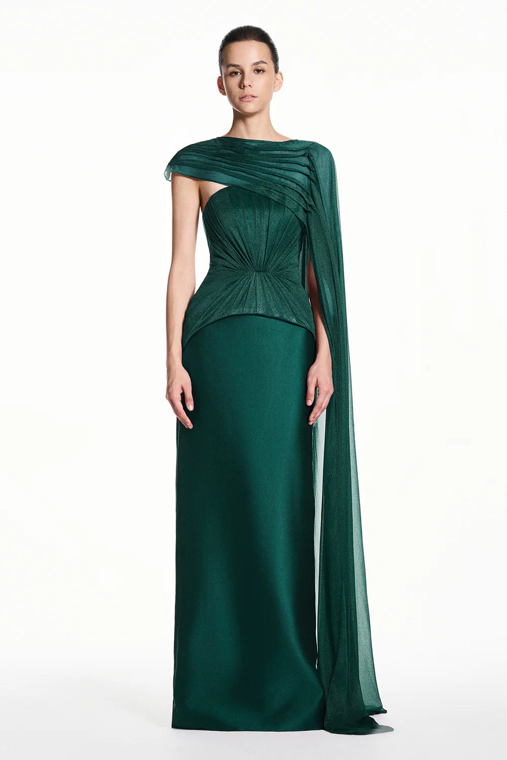 Alba Asymmetric Sleeve Draped Maxi Dress