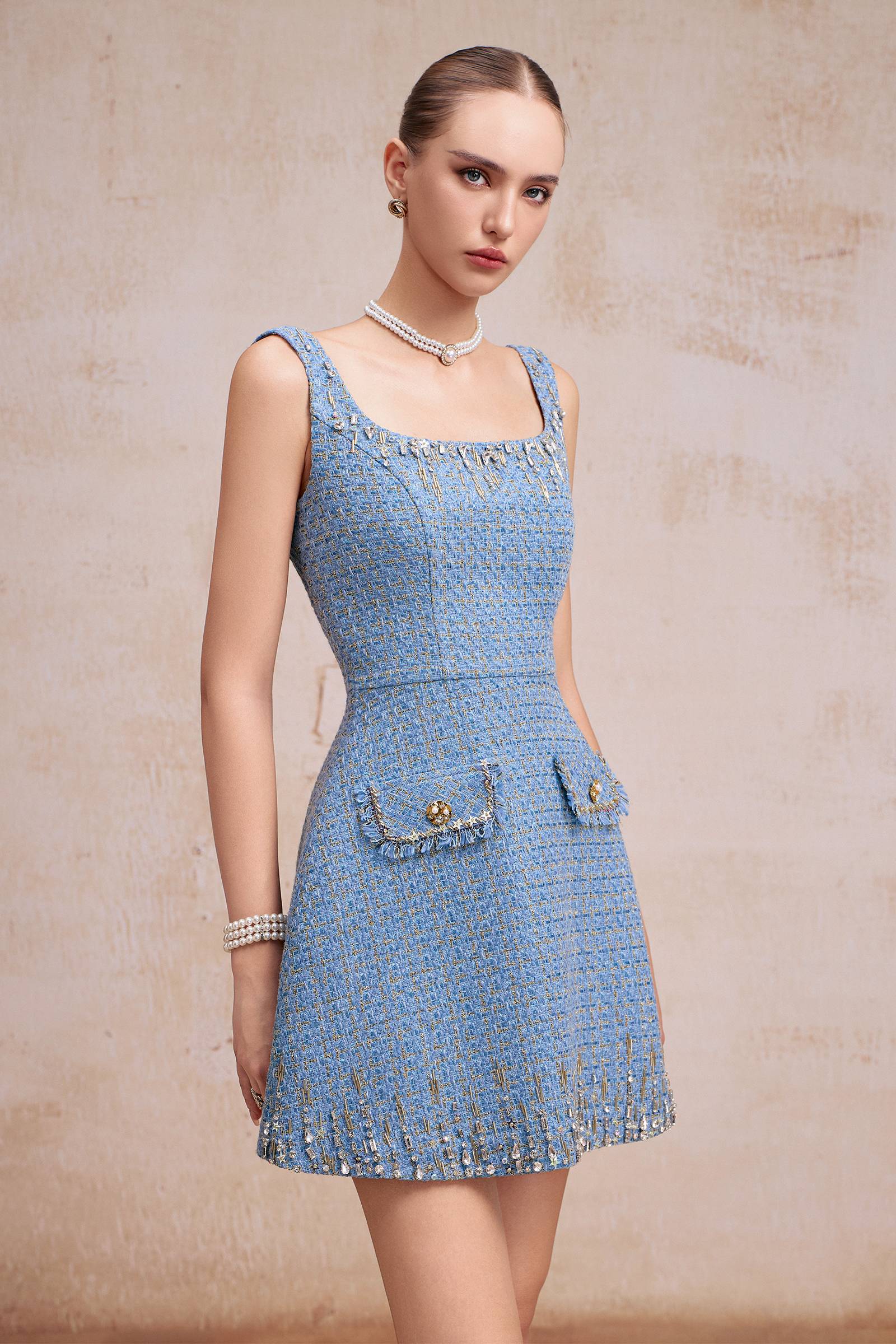 Saphielle Square Neck Button Mini Dress