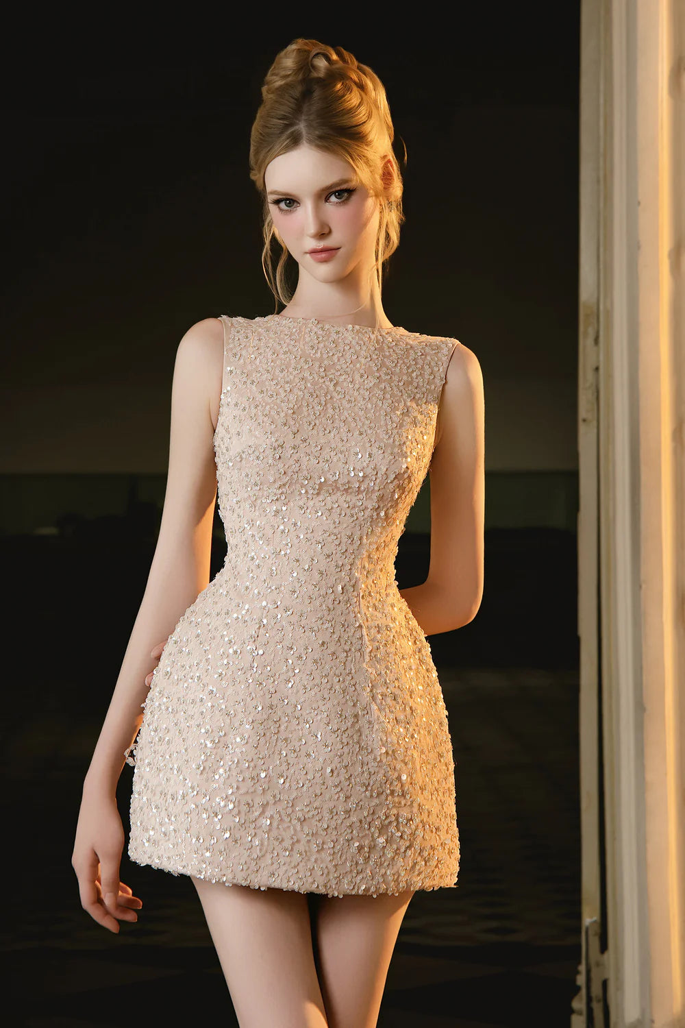 Benjamin A-line Boat Neck Taffeta Mini Dress