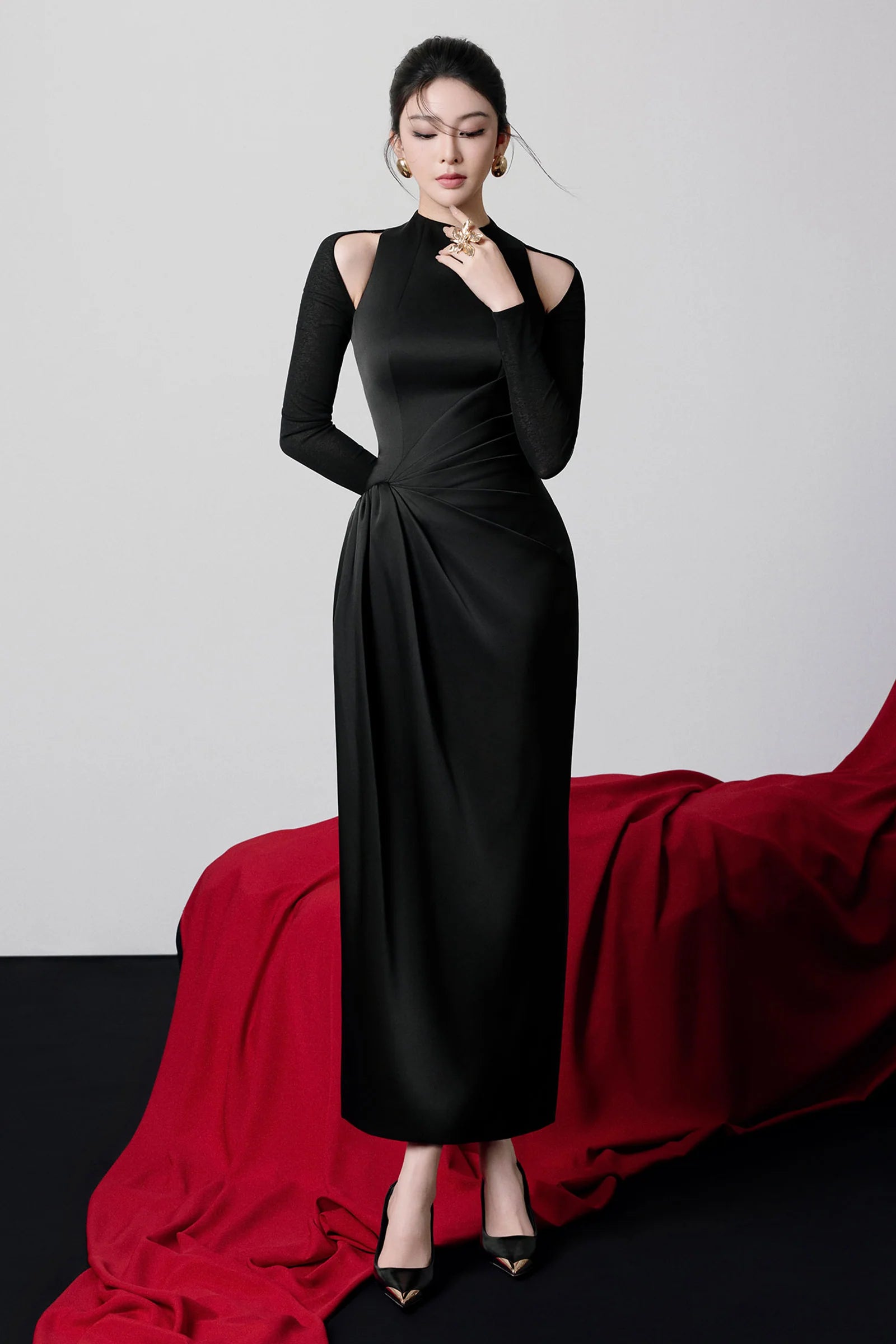 Allure Cold Shoulder Sleeve Draped Midi Dress