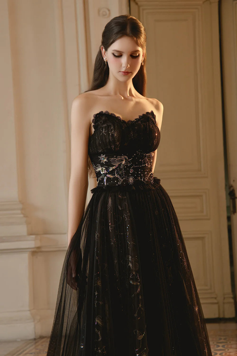 Jando A-line Sweetheart Neck Mesh Maxi Dress