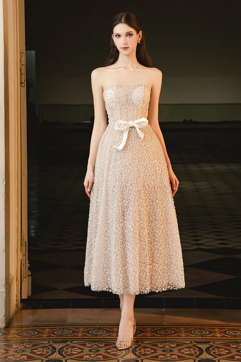 Harding A-line Straight Across Neck Mesh Midi Dress