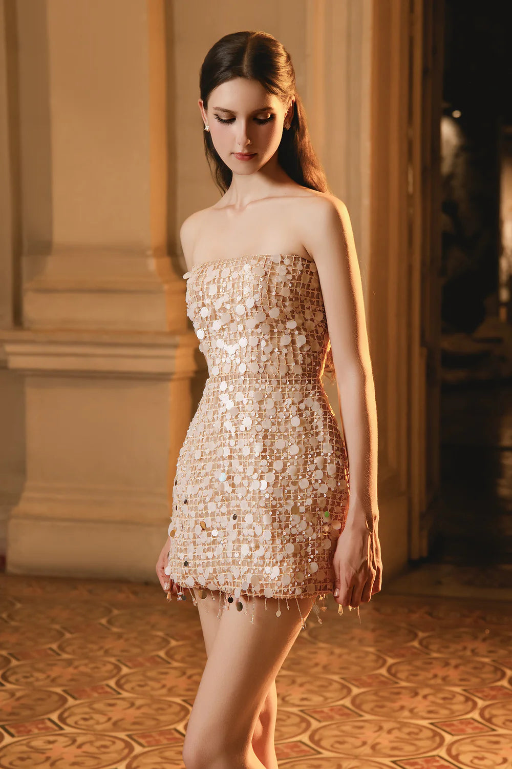 Matia Bodycon Straight Across Neck Sequin Mini Dress