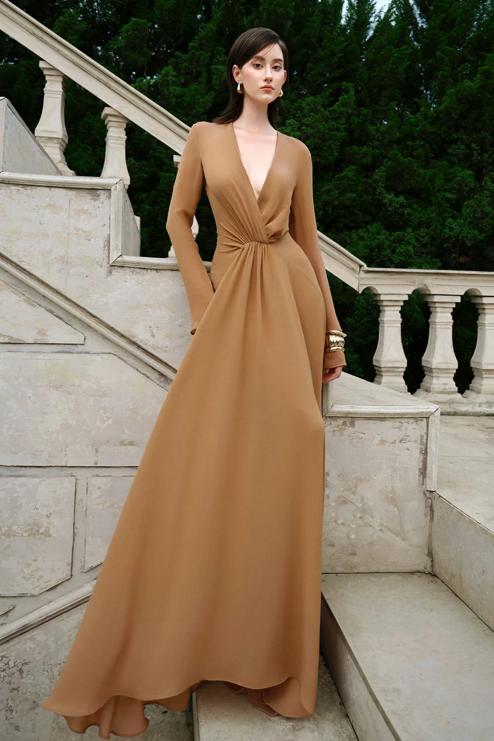 Silence V-Neck Gathering Maxi Dress