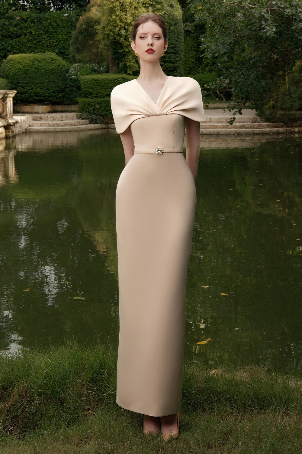 Fiorelle Sheath Cape Sleeved Satin Maxi Dress