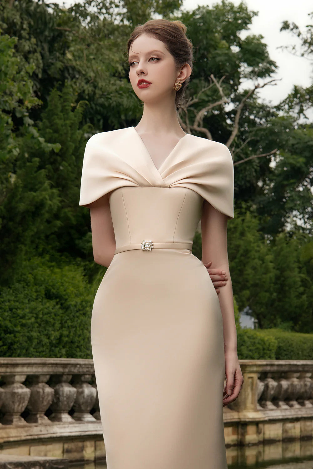 Fiorelle Sheath Cape Sleeved Satin Maxi Dress