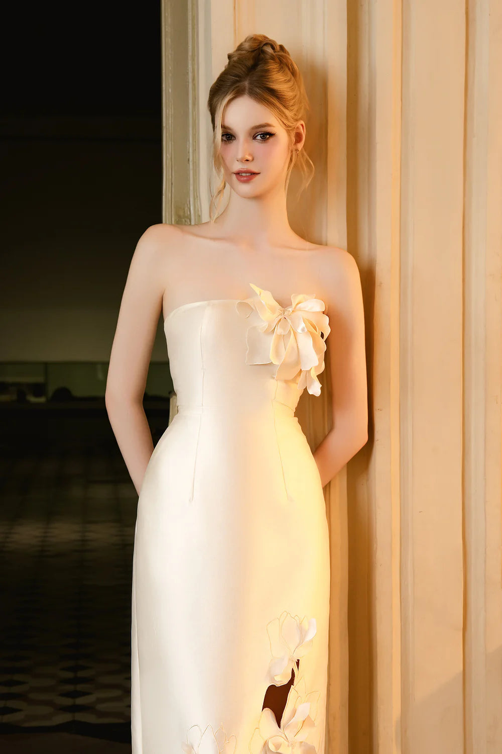 Graham Sheath Flower Applique Taffeta Midi Dress