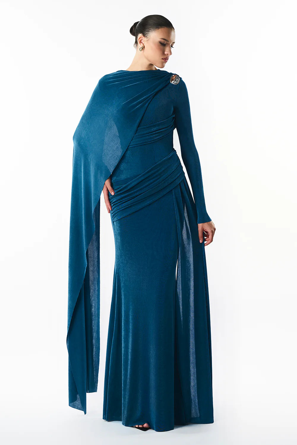 Cindra Asymmetric Sleeve Gathering Maxi Dress