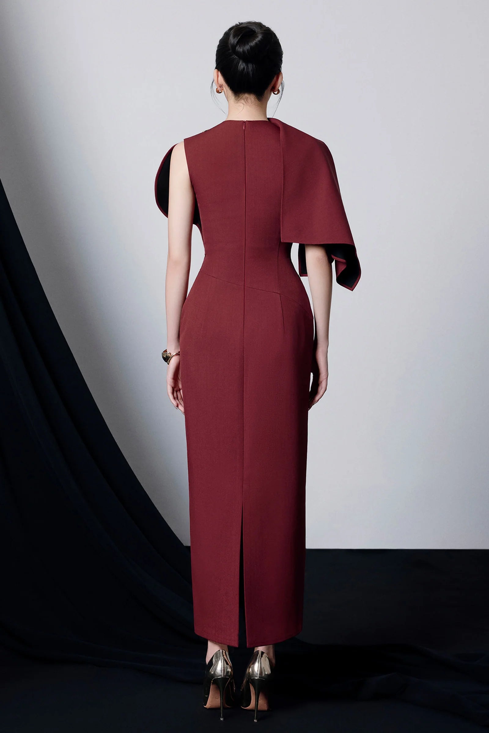 Agnes Asymmetric Sleeve Draped Midi Dress