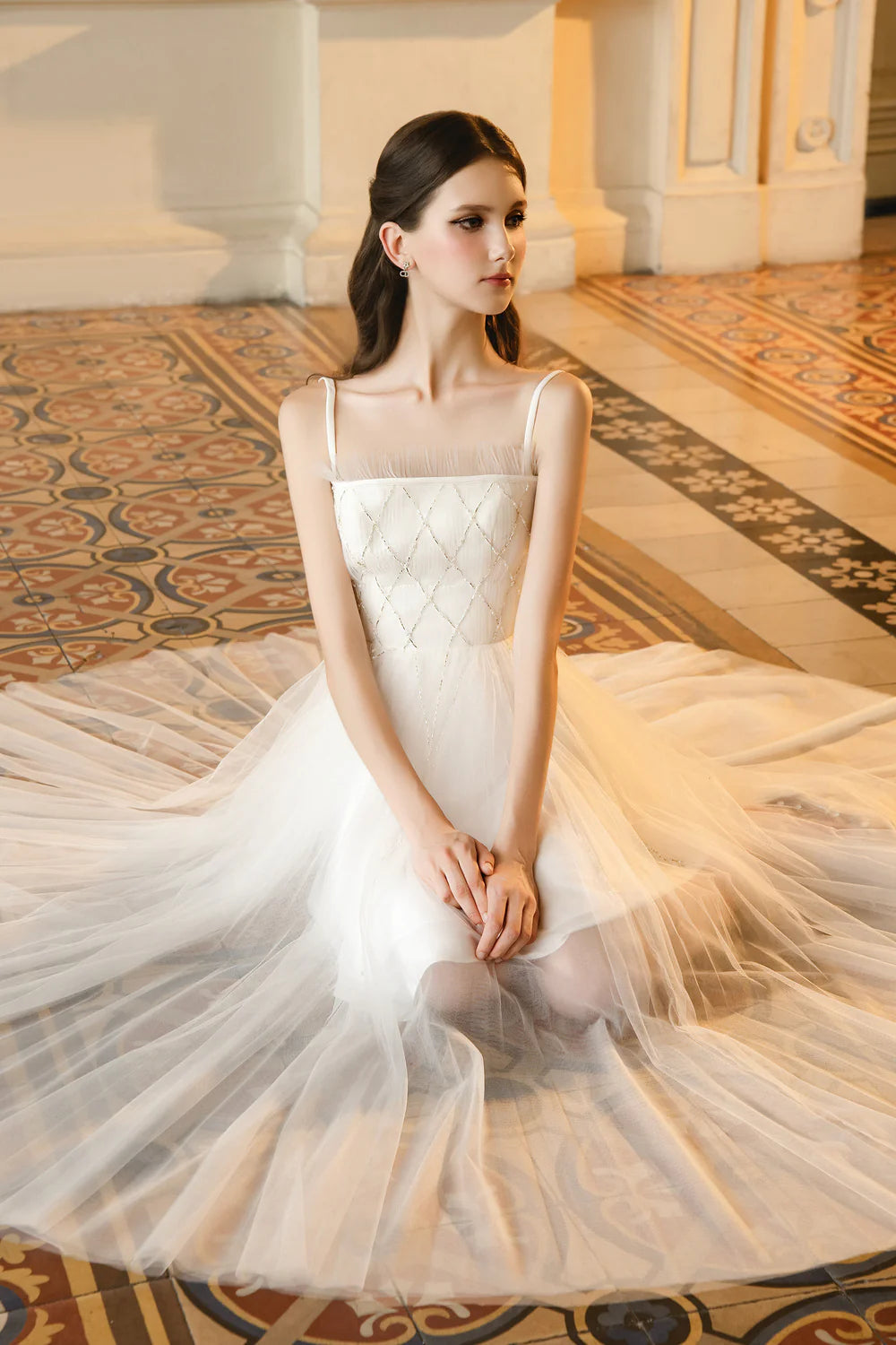 Shiloh A-line Square Neck Mesh Maxi Dress