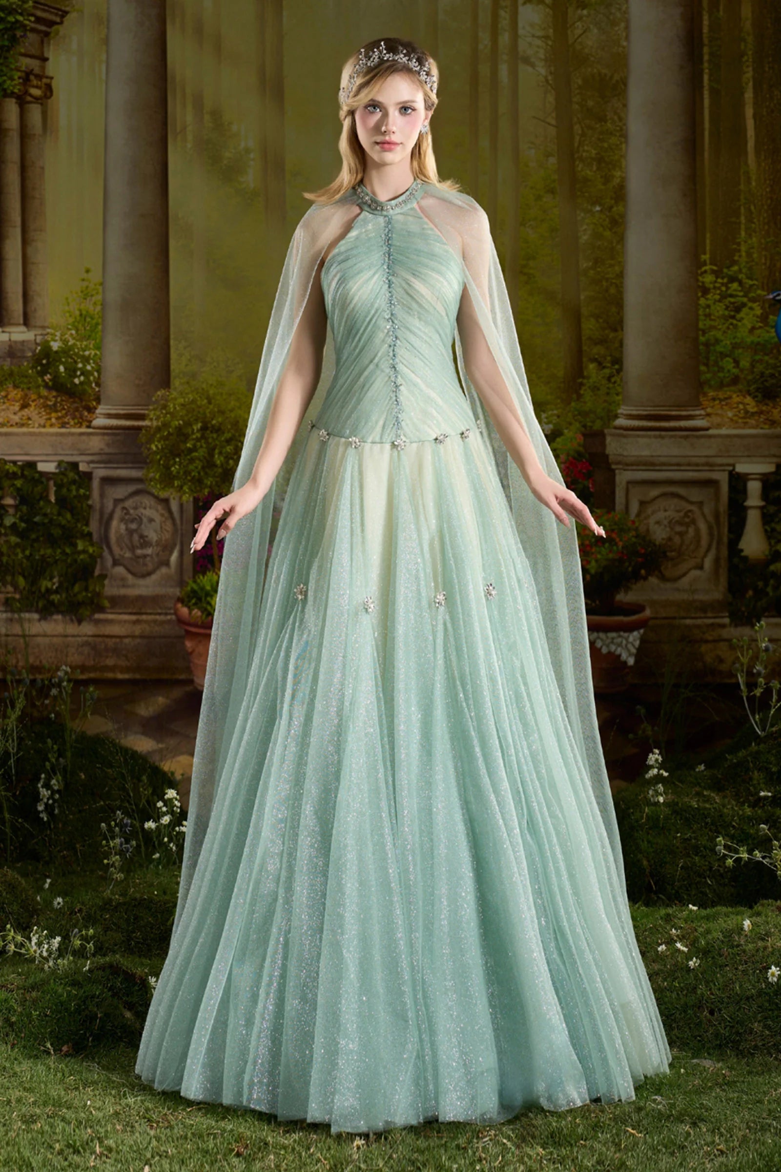 Callista Cape Sleeve Bead Maxi Dress