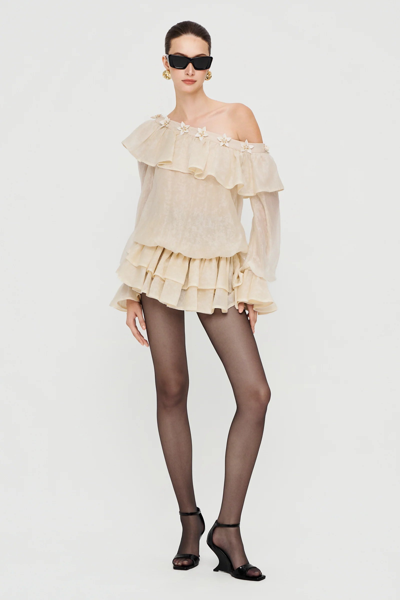 Lavallière Asymmetric Neck Applique Mini Dress