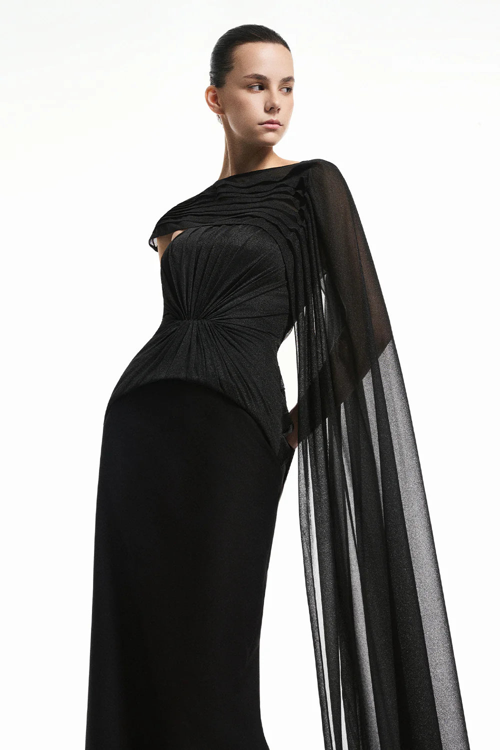Alba Asymmetric Sleeve Draped Maxi Dress