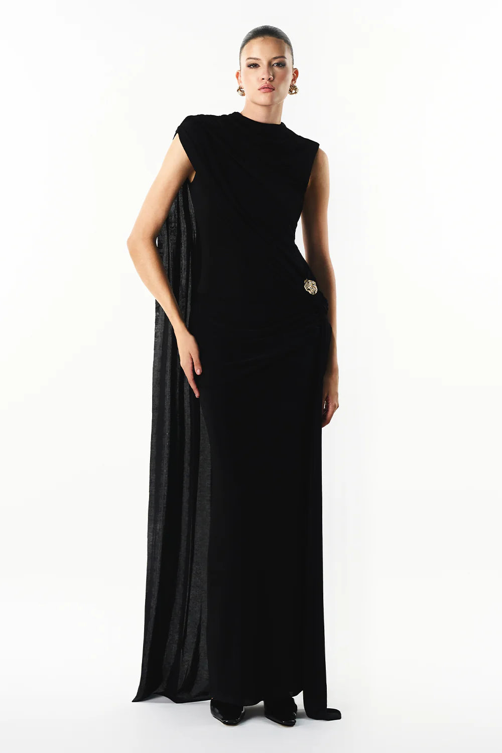 Onyra Asymmetric Sleeve Metal Maxi Dress