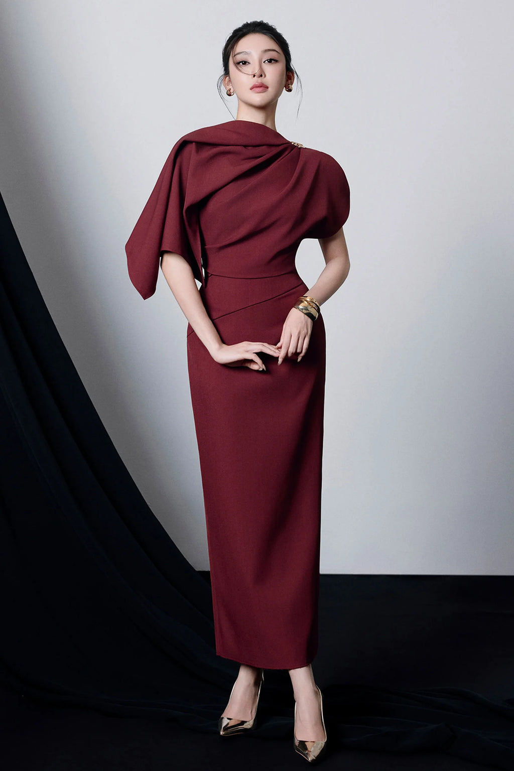 Agnes Asymmetric Sleeve Draped Midi Dress