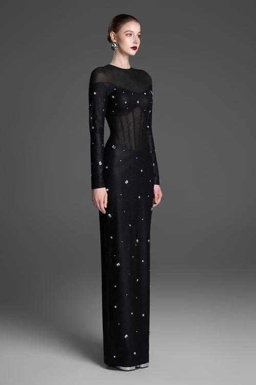 Alessia Mock Neck Rhinestones Maxi Dress