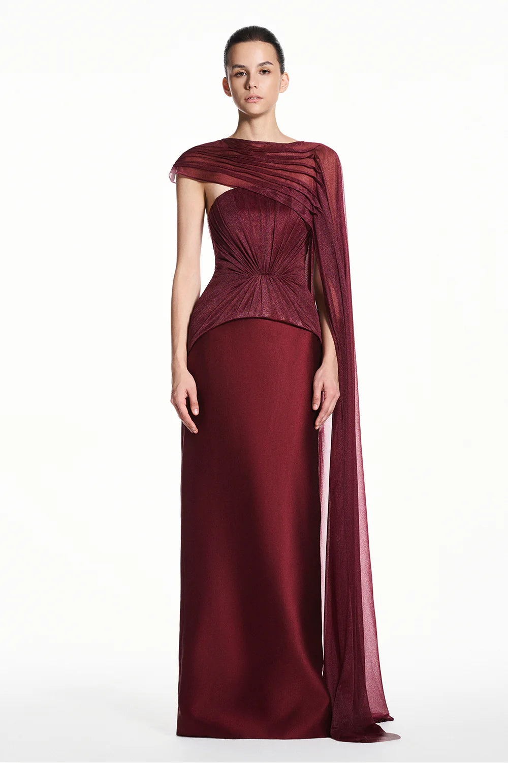 Alba Asymmetric Sleeve Draped Maxi Dress