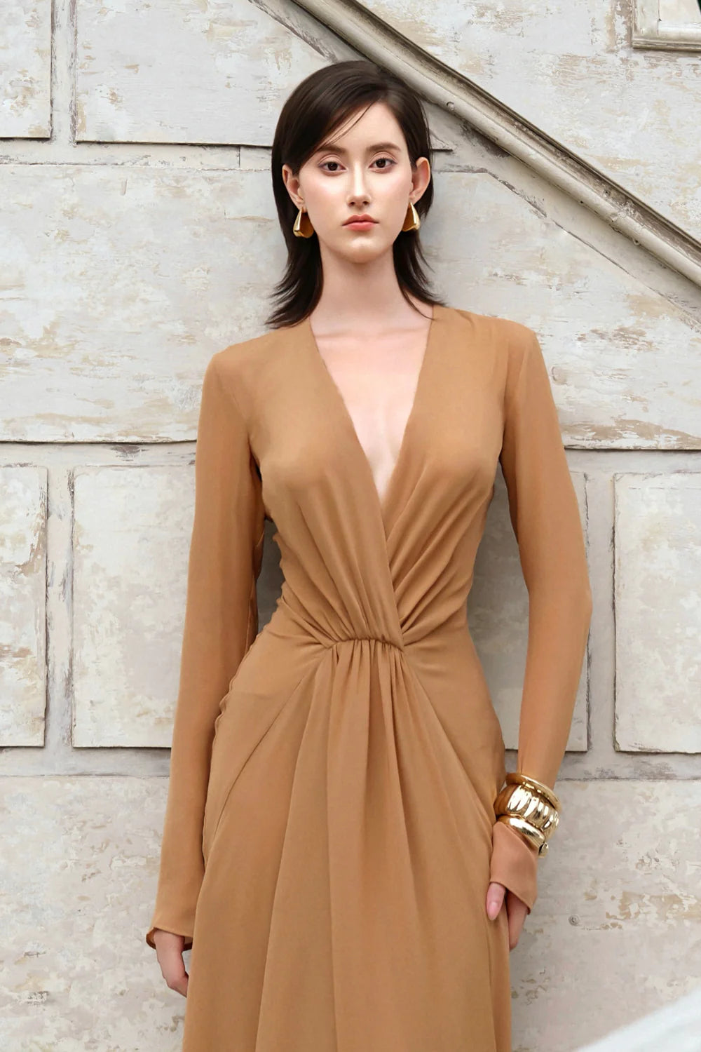 Silence V-Neck Gathering Maxi Dress