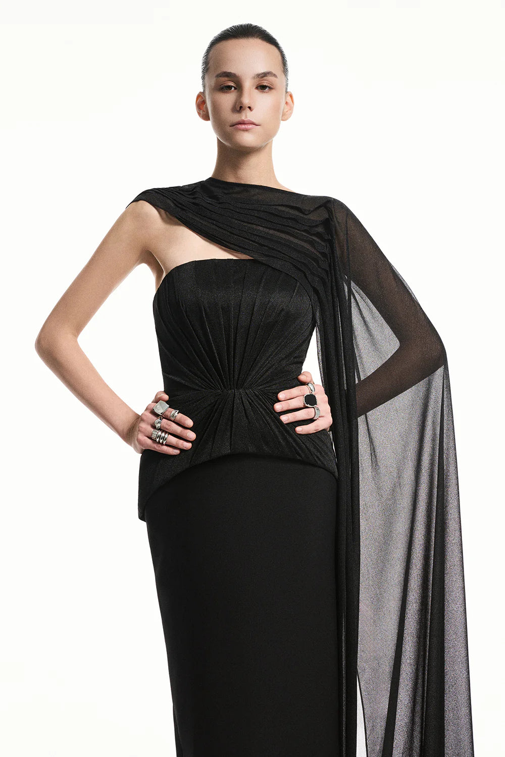 Alba Asymmetric Sleeve Draped Maxi Dress