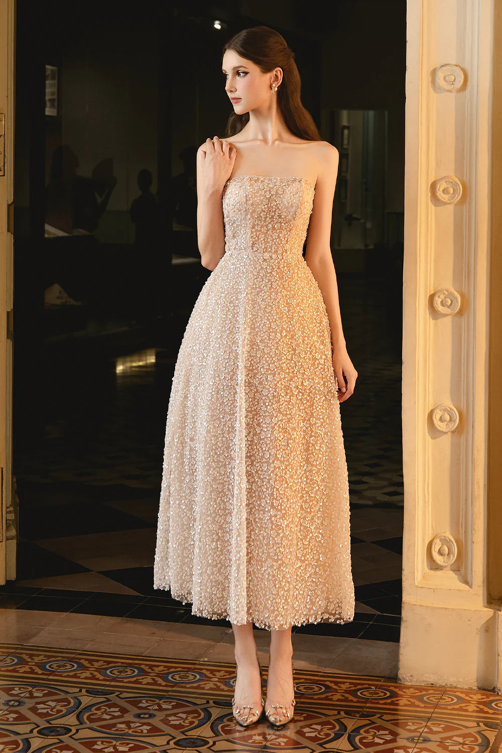 Harding A-line Straight Across Neck Mesh Midi Dress