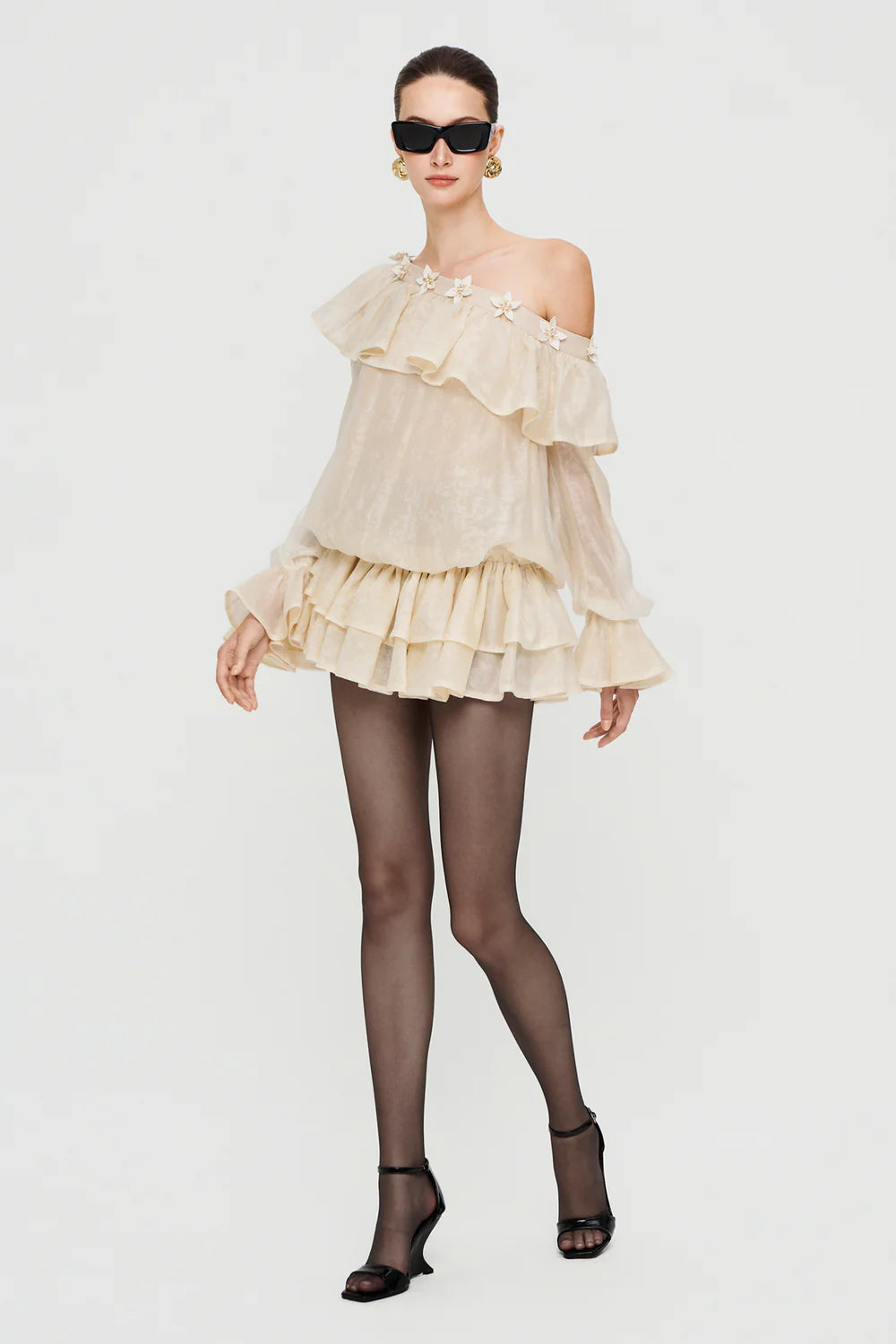 Lavallière Asymmetric Neck Applique Mini Dress