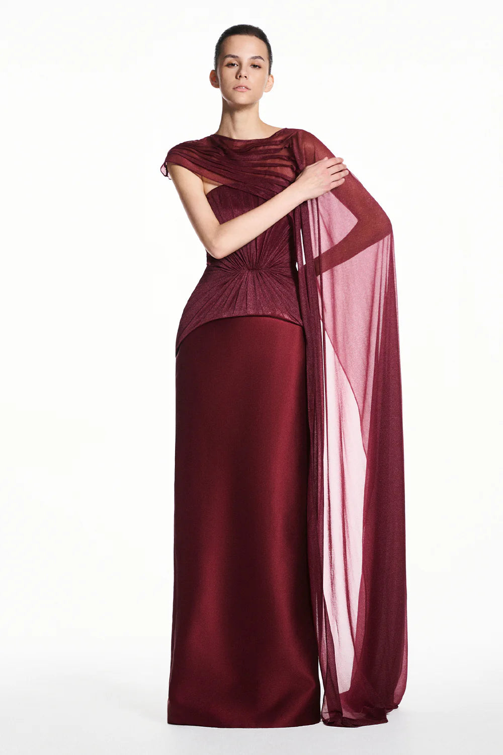 Alba Asymmetric Sleeve Draped Maxi Dress