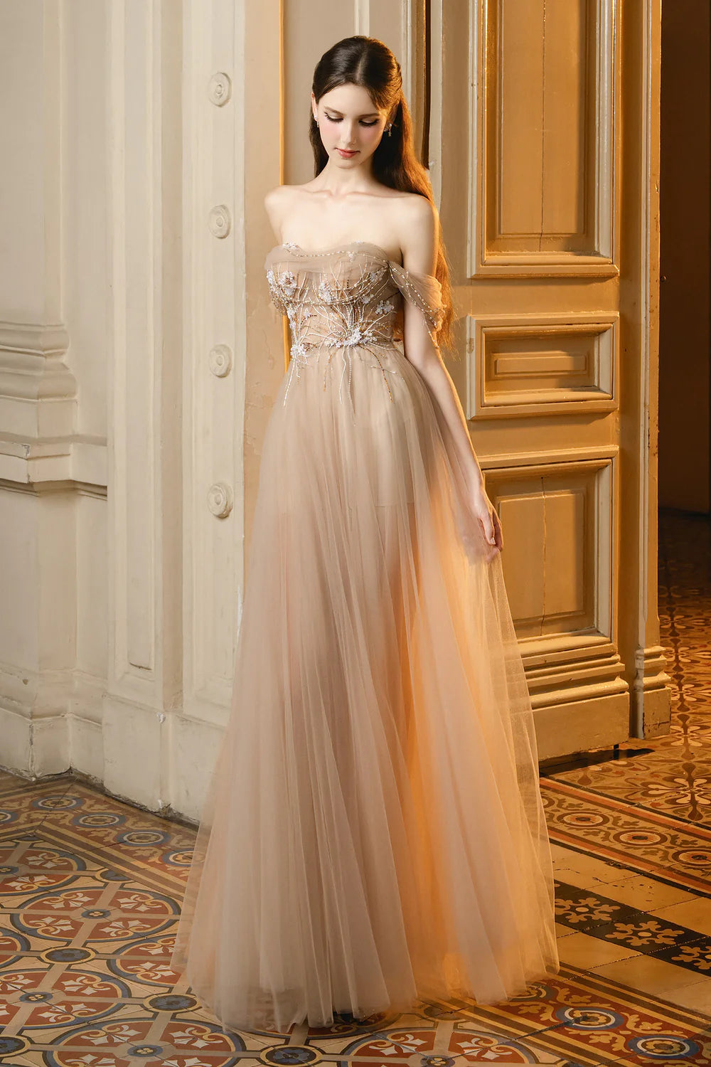 Leon A-line Off-Shoulder Mesh Maxi Dress