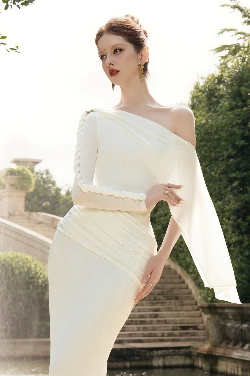 Éloress Sheath Asymmetric Sleeved Spandex Maxi Dress