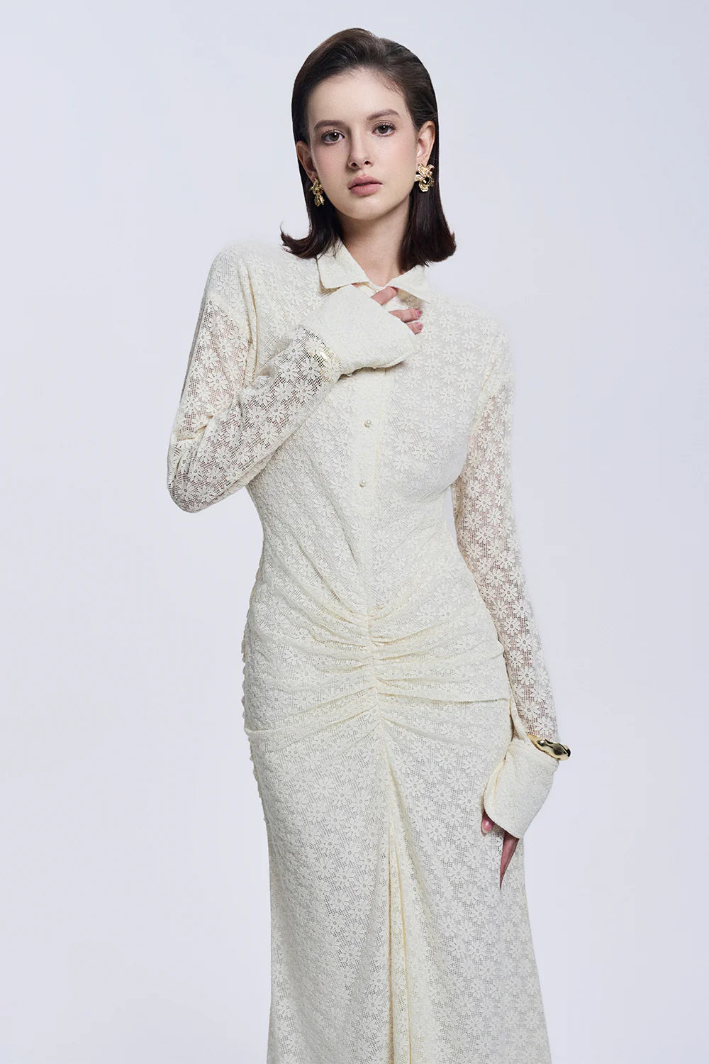 Elise Sheath Gathered Lace Maxi Dress